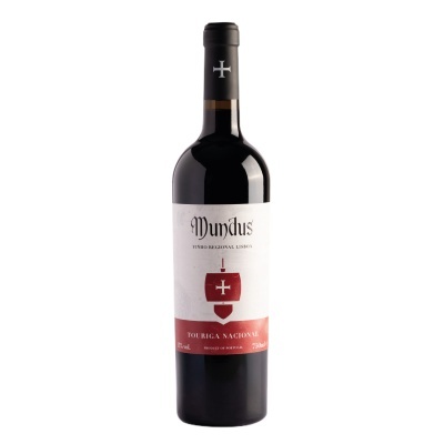 Garrafa de vinho tinto Mundus com rótulo branco e símbolo vermelho.