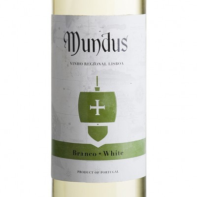 Garrafa de vinho branco Mundus com rótulo branco e verde