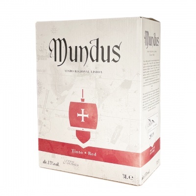 Caixa de vinho Mundus 3 litros, vinho tinto regional Lisboa com design branco e vermelho