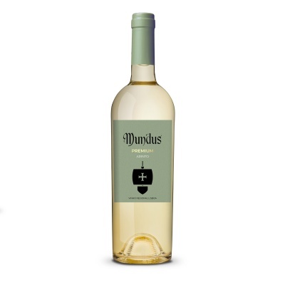 Garrafa de vinho branco Mundus Premium com rótulo cinza claro e símbolo de escudo preto