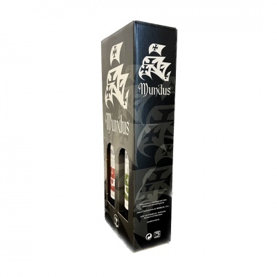 Embalagem preta para duas garrafas com texto 'Mundus' e gráfico de navio