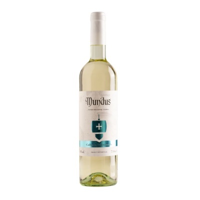 Garrafa de vinho branco Mundus com rótulo branco e azul