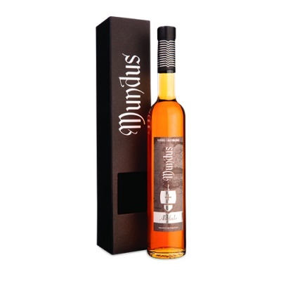 Garrafa alta âmbar com rótulo e caixa preta 'Mundus'