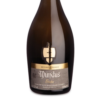 Garrafa de vinho espumante Mundus Bruto com rótulo cinzento e dourado