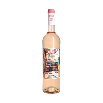 Garrafa de vinho rosé com rótulo ilustrado colorido e tampa rosa