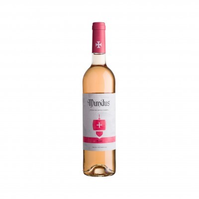 Garrafa de vinho rosé Mundus com rótulo branco e rosa