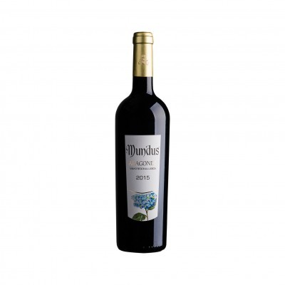 Garrafa de vinho tinto Mundus Aragone 2015 com rótulo branco e tampa dourada