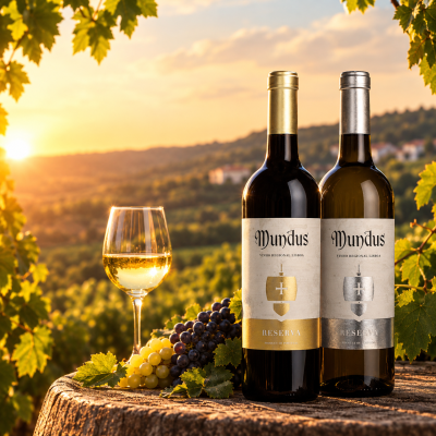 Duas garrafas de vinho Mundus Reserva com rótulos dourado e prateado em barril de madeira com uvas e taça ao pôr do sol