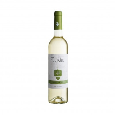 Garrafas de vinho branco Mundus com rótulo branco e tampa verde
