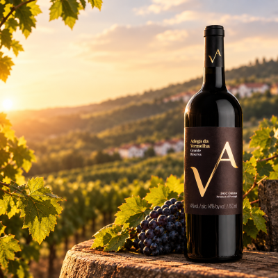 Garrafa de vinho tinto Adega da Vermelha Grande Reserva junto a uvas e folhas de videira ao pôr do sol