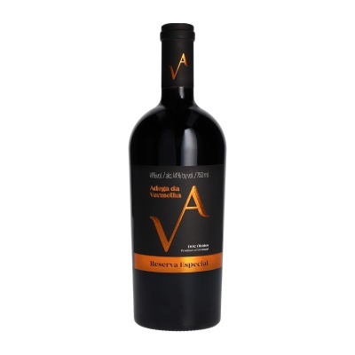 Garrafa de vinho Reserva Especial Adega da Vermelha A preta e laranja