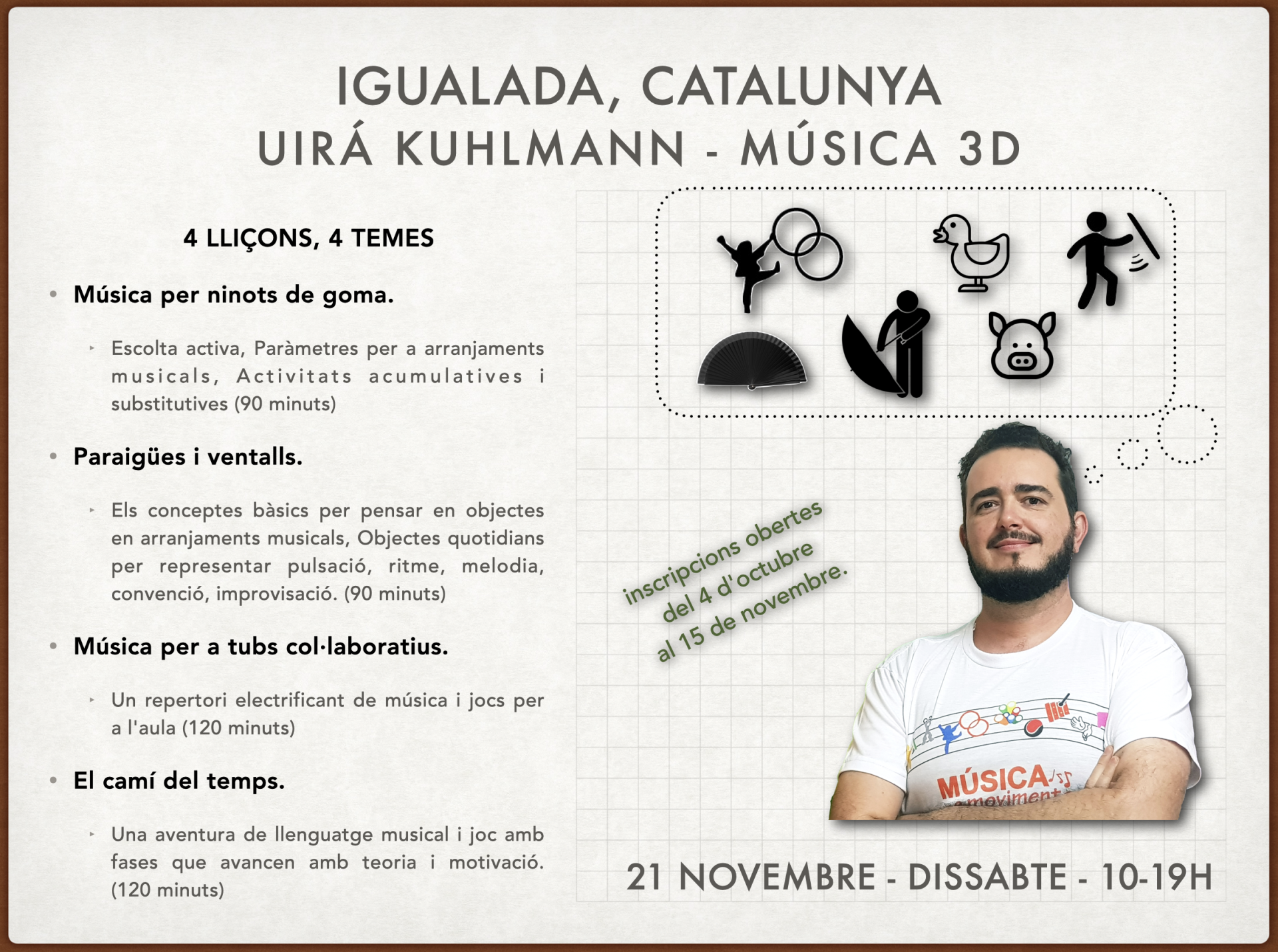 Música 3D - Igualada - 21 noviembre Cartaz de curso de música 3D em madeira com texto e imagem de homem com t-shirt branca