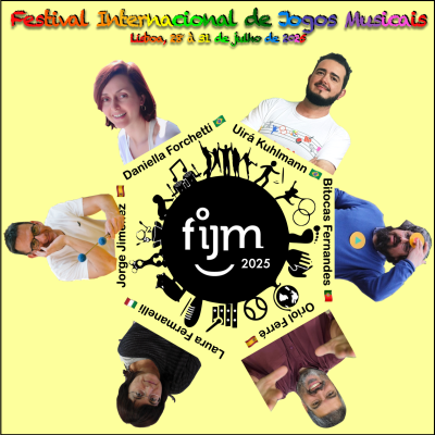 Cartaz colorido do Festival Internacional de Jogos Musicais com fotos de seis pessoas e logotipo central