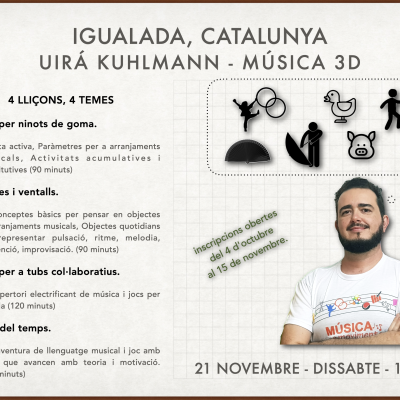 Cartaz de curso de música 3D em madeira com texto e imagem de homem com t-shirt branca