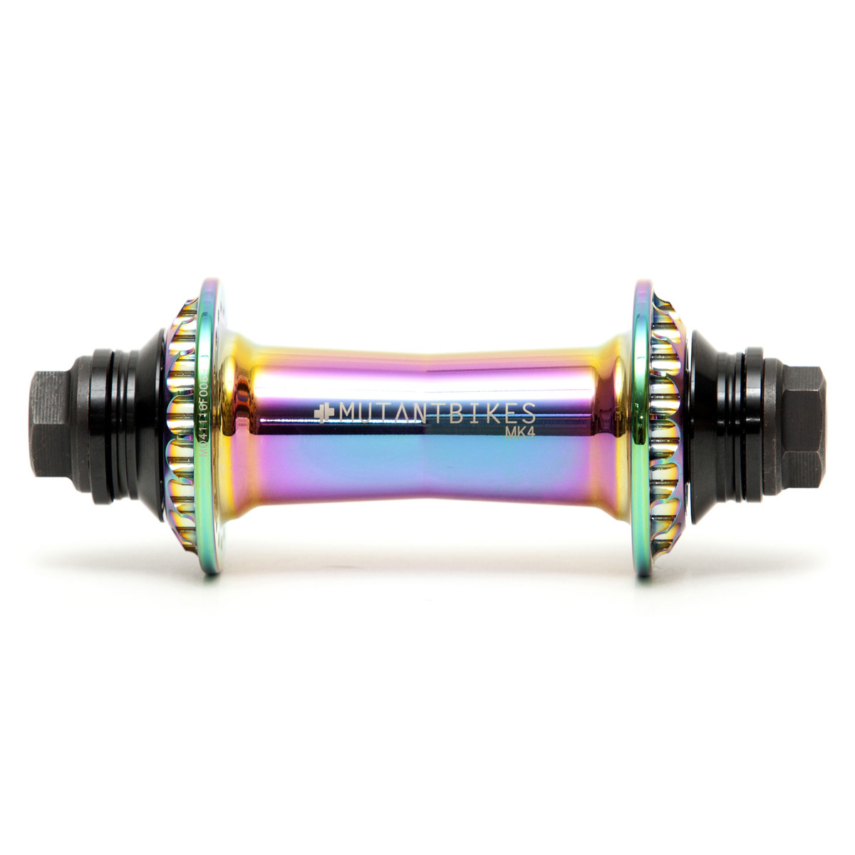 OWL HUB MK4 FRONT Cubo de bicicleta iridescente com porcas pretas e texto MILTON BIKES MX4