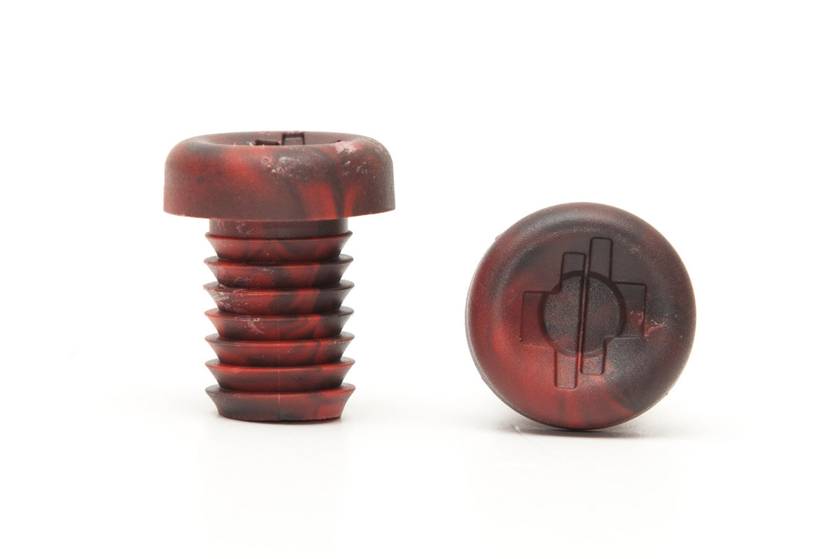 LOBO BAR ENDS Dois parafusos curtos vermelhos e pretos com cabeça redonda, em fundo branco