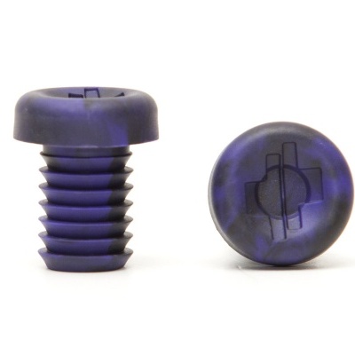 Parafusos de plástico roxos com rosca grossa e fenda cruzada no topo
