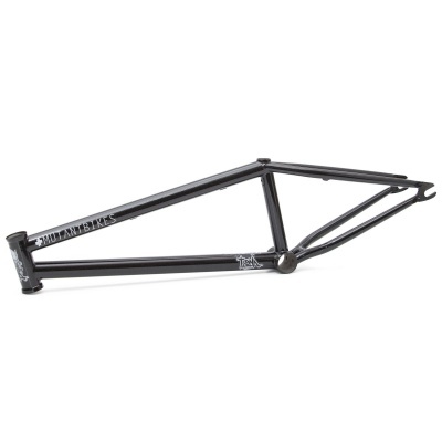 Quadro de bicicleta BMX preto com inscrições brancas em fundo branco