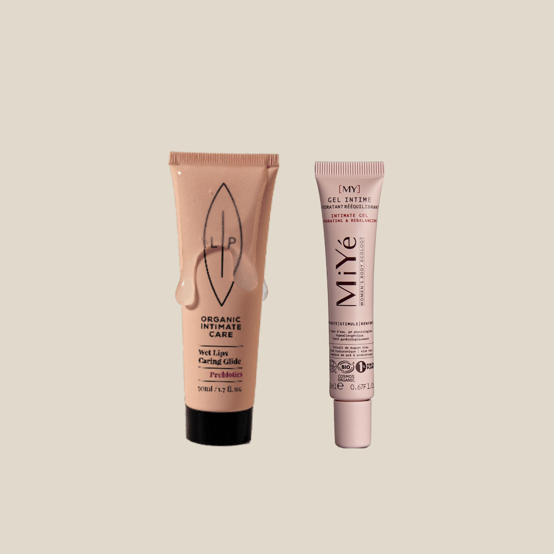 Conjunto bem-estar íntimo Dois tubos de produtos para cuidados íntimos em fundo bege.