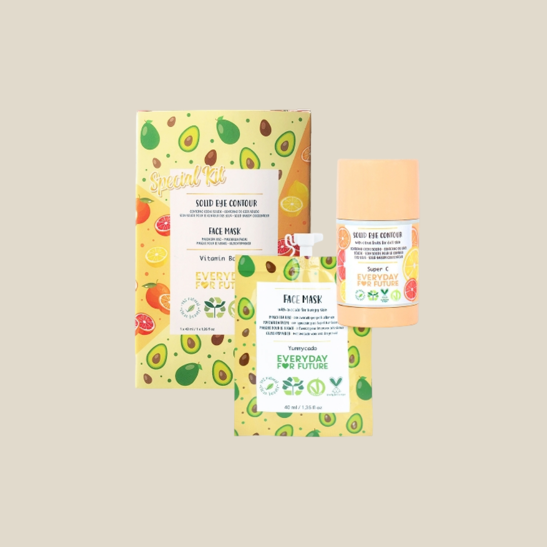 Kit vitamin boost- Stick Iluminador para Olhos e Máscara Facial de Abacate - Everyday for the Future Conjunto de cuidados faciais EVERYDAY FOR FUTURE com desenhos de abacate e frutas na embalagem