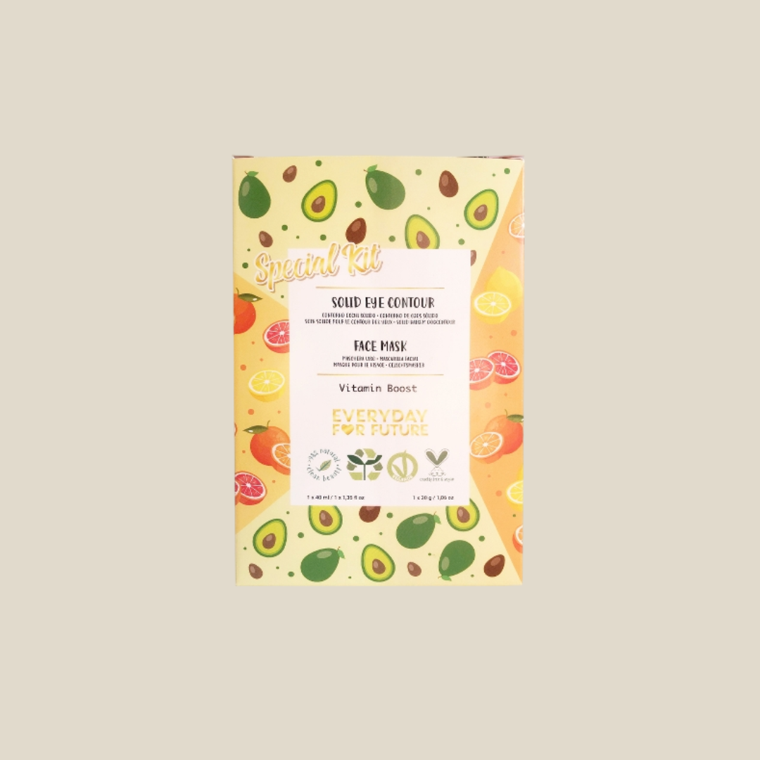 Kit vitamin boost- Stick Iluminador para Olhos e Máscara Facial de Abacate - Everyday for the Future Kit especial 'Soul Eye Contour' com máscara facial embalagem colorida padrão frutas