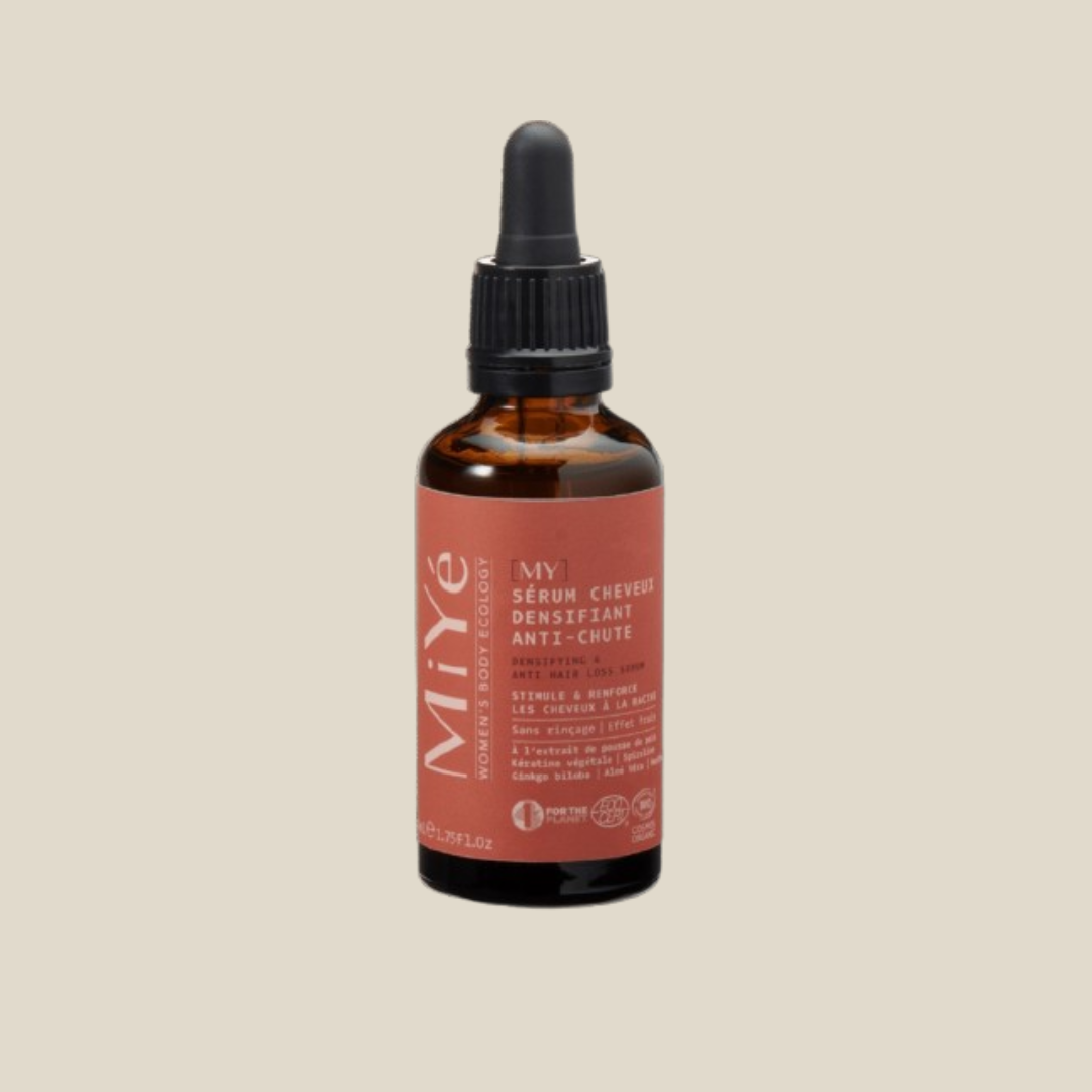Sérum Capilar Antiqueda Miye Crescimento, Fortalecimento e Densidade Frasco com sérum capilar antiqueda MiYé em vidro âmbar e rótulo vermelho.