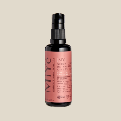Frasco preto com rótulo rosa de sérum corporal Myve