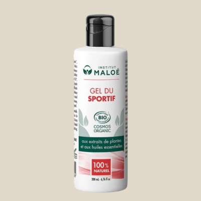Frasco branco com tampa preta de gel desportivo com rótulo verde e vermelho