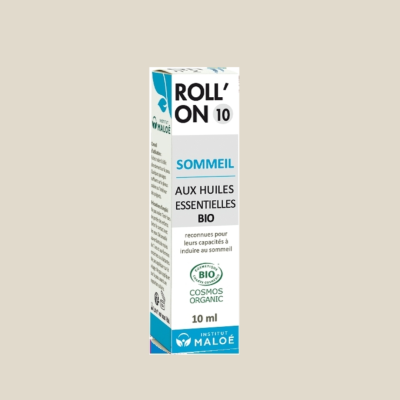 Embalagem branca e azul de roll-on 10 ml com texto em francês sobre óleos essenciais para sono