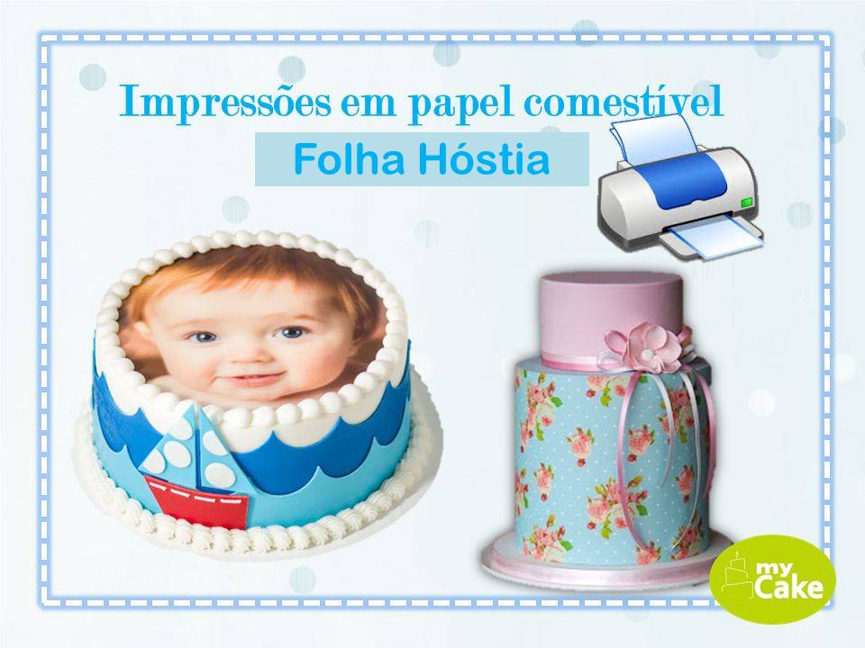 Impressão em Folha de Hóstia Dois bolos decorados, um com imagem de rosto em papel comestível e outro com padrão floral.