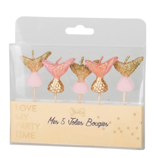 Conjunto de 5 velas forma cauda de sereia dourado e rosa embaladas