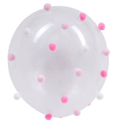 Balão transparente com bolas rosa e brancas