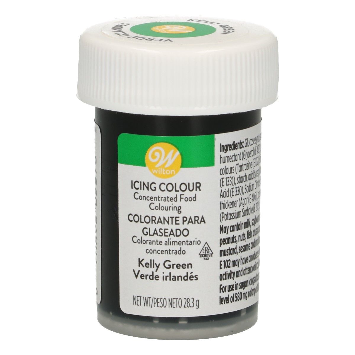 Corante Gel 28gr - Kelly Green Frasco de corante alimentar concentrado Verde Irlandês da Wilton com tampa branca