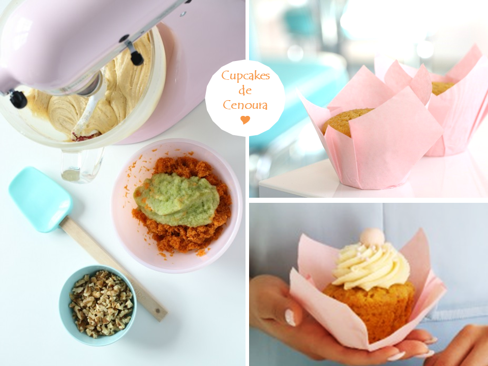 Processo e produto final de cupcakes de cenoura com batedeira, massa, nozes e cupcakes em forma rosa.