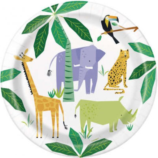 Prato de papel com ilustração de animais da selva e folhas verdes