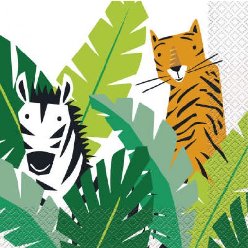 Ilustração colorida de zebra e tigre entre folhas verdes