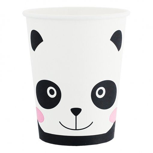 Copo de papel branco com desenho de rosto de panda