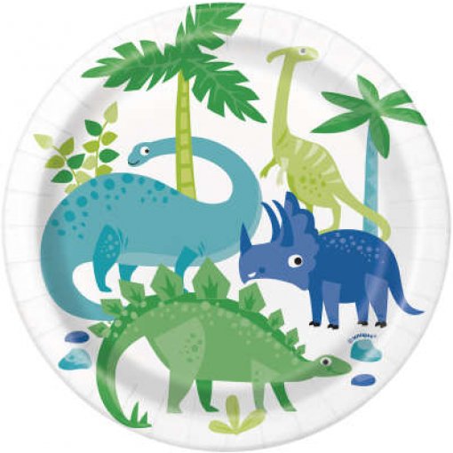 Prato de papel com desenhos de dinossauros e árvores em estilo cartoon