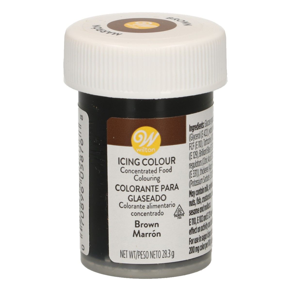 Corante Gel 28gr - Brown Frasco de corante alimentar Wilton castanho com tampa branca