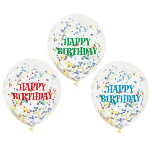 Três balões transparentes com confetes coloridos e texto 'HAPPY BIRTHDAY' em verde, vermelho e azul.