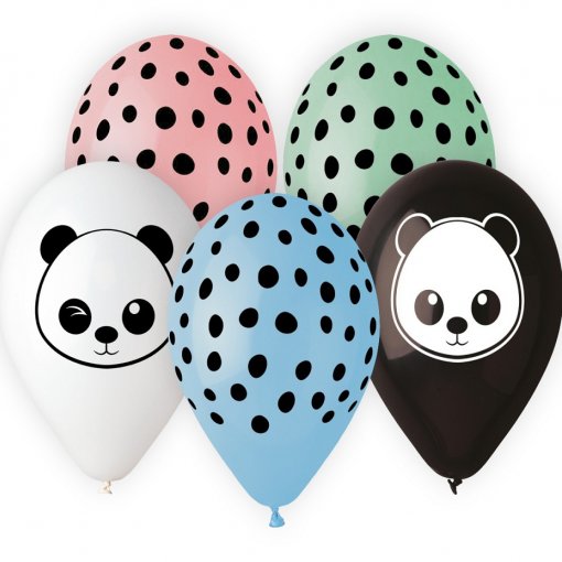 Balões coloridos com bolinhas pretas e desenhos de panda.