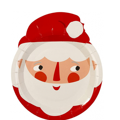 Prato descartável de papel com rosto do Pai Natal em vermelho e branco