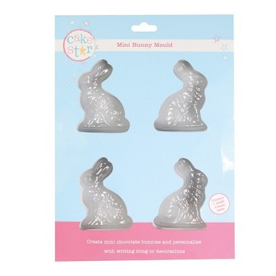 Molde para mini coelhos de chocolate em embalagem azul e rosa