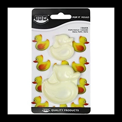 Molde para pop it em forma de pato branco em embalagem com imagens de patos amarelos e laranja