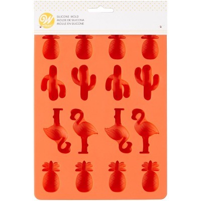 Molde de silicone laranja com formas de abacaxi, cactos e flamingos, embalagem com texto e fundo branco