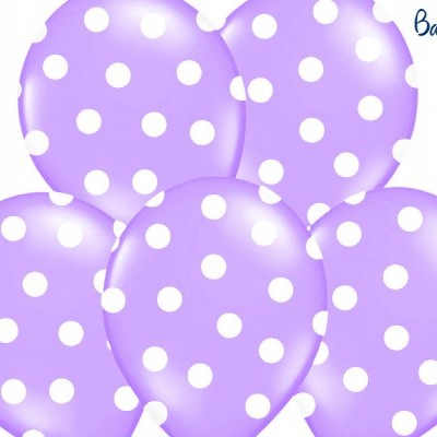 Cinco balões lilás com bolinhas brancas