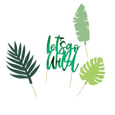 Topper para bolo com folhas verdes e texto 'Lets go Wild'