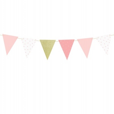 Guirlanda com bandeirolas rosas, brancas com corações vermelhos e douradas brilhantes