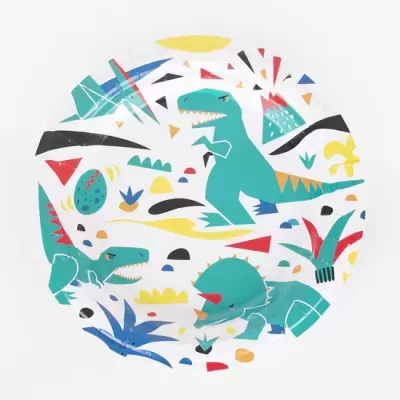 Prato redondo com ilustrações de dinossauros coloridos