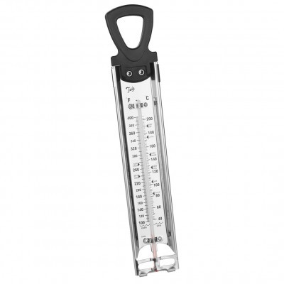 Termómetro de cozinha metálico com escala em Fahrenheit e Celsius e punho preto.